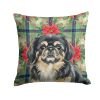 Black and Tan Pekingese Christmas PoinsettIas Throw Pillow Decorative Indoor Outdoor Accent Cushion for Couch, Bed or Patio, 14Hx14W