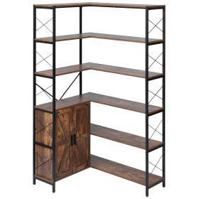 6 Tier Corner Bookshelf, 70" Tall Corner Bookcase with Storage Cabinet, 2 Barn Doors & 10 Storage Shelves
