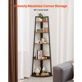 5 Tier Corner Shelf, 70" Tall Corner Bookshelf with Metal Frame & Wooden Shelves, Industrial Corner Ladder Shelf for Living Room, Bedroom, Office