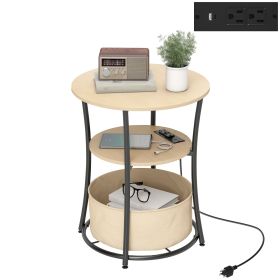 Round Side Table With Charging Station, 3-Tier End Table With Fabric Storage Bag And Shelf, Natural Wood (Option: Yellow)