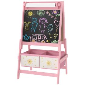 Art Easel , Double-Sided Whiteboard & Chalkboard With Paper Roll, Storage Baskets , Pink (Option: Pink)