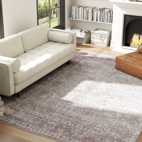 Machine Washable Area Rug 8x10, Non-Slip Traditional Flower Print Floor Carpet For Living Room, Bedroom, Grey And Brown (Option: Brown)