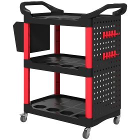 3-Tier Rolling Tool Cart, 200 LBS Capacity Plastic Utility Cart With Side Shelf And Storage Bucket, Black & Red (Option: red)