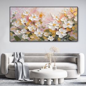 Hand Painted Oil Painting White Cherry Blossom Landscape Art 3D Floral Original Canvas Oil Painting Modern Green Plants Textured Wall Art Spring Decor (Style: 01, size: 75x150cm)
