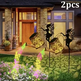 Ouddy Decor Fairy Garden Decor With Solar Watering Can, Metal Statues With Hanging Lanterns Waterfall Lights Silhouette Waterproof For Lawn Pathway De (Option: RGBlight2PCS)
