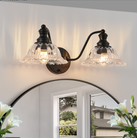 20 Inch 2-Light Vintage Bathroom Wall Sconce - Elegant Black Metal And Glass Lampshade Vanity Light Fixture For Bathroom, Hallway, Or Bedroom Bulb Not (Option: Black)